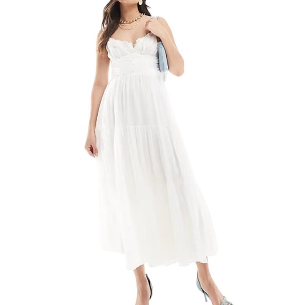 $191 Ever New Milkmaid Midi Dress 10 White Button Sleeveless Smocked Feminine